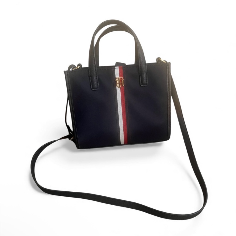 Elegant Black Handbag with Red and White Stripe